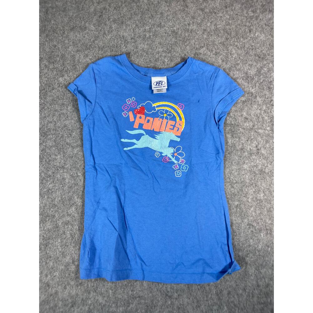 Vintage Ponies T Shirt Youth Girls Large Blue PFI Graphic Cute Pullover Y2K